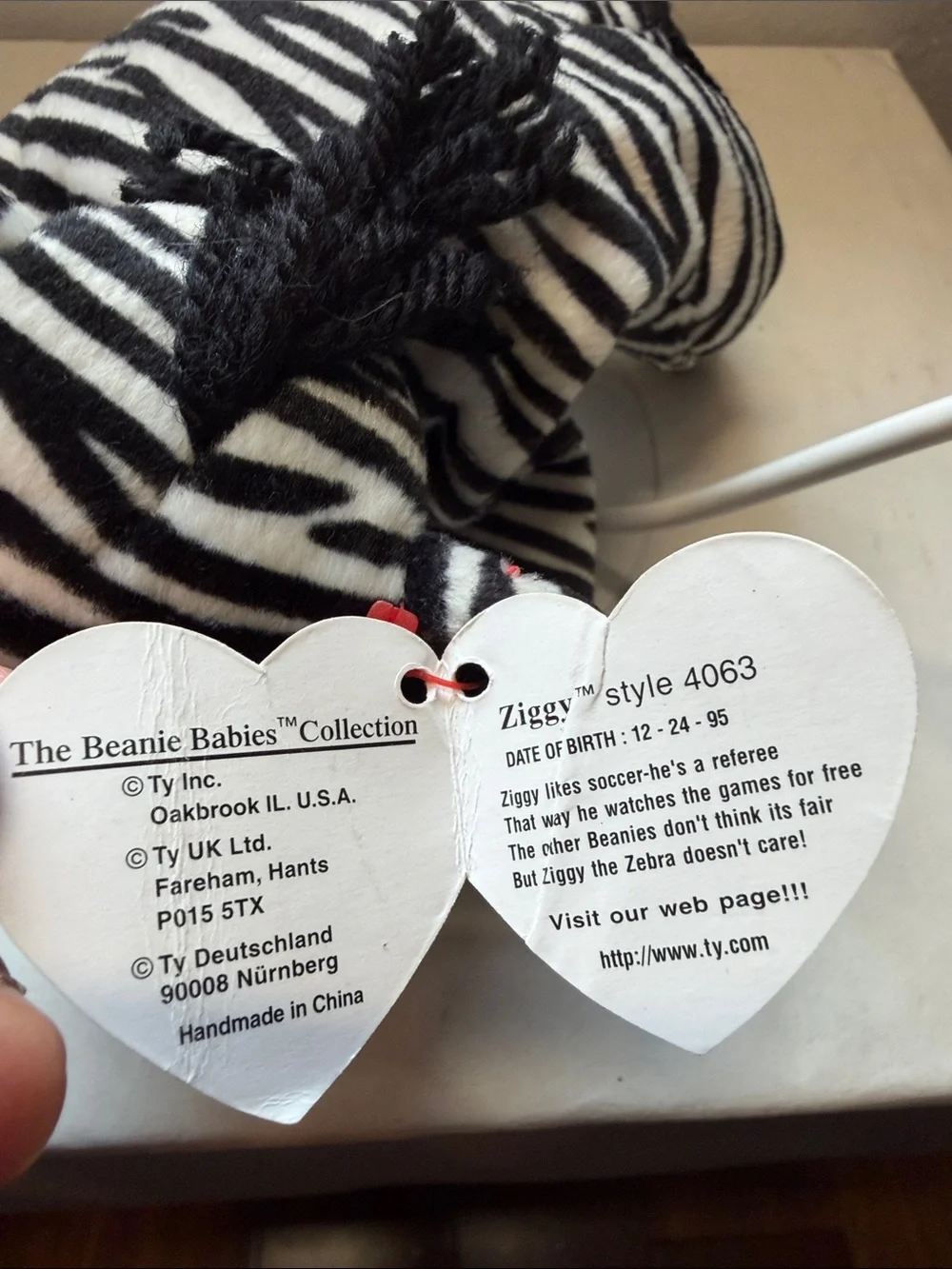 Ty Black & White Ziggy the Zebra Beanie Baby with Heart Tag